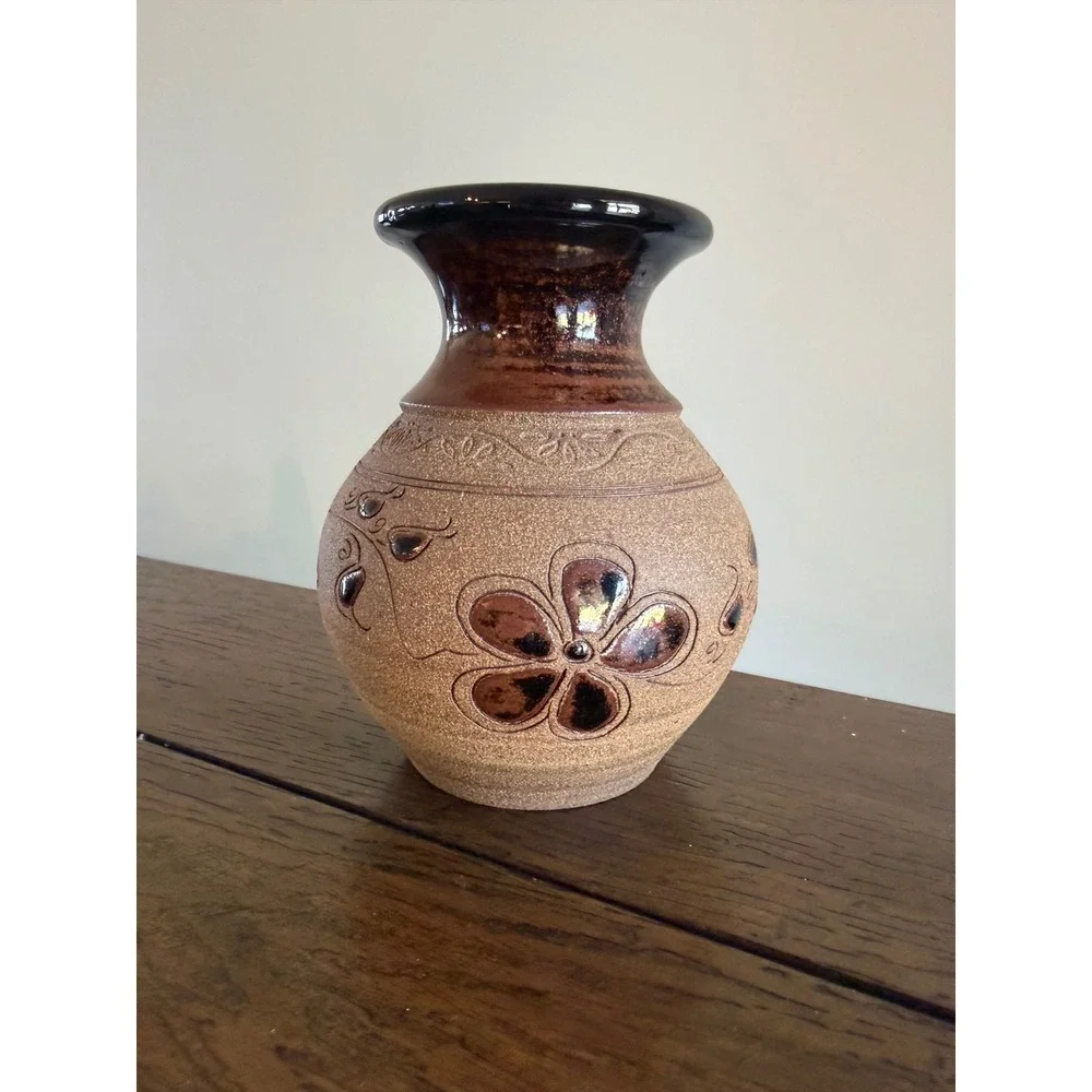 Vintage Pottery Vase Small Brown Tan Good Etched Floral Stoneware Studio Signed